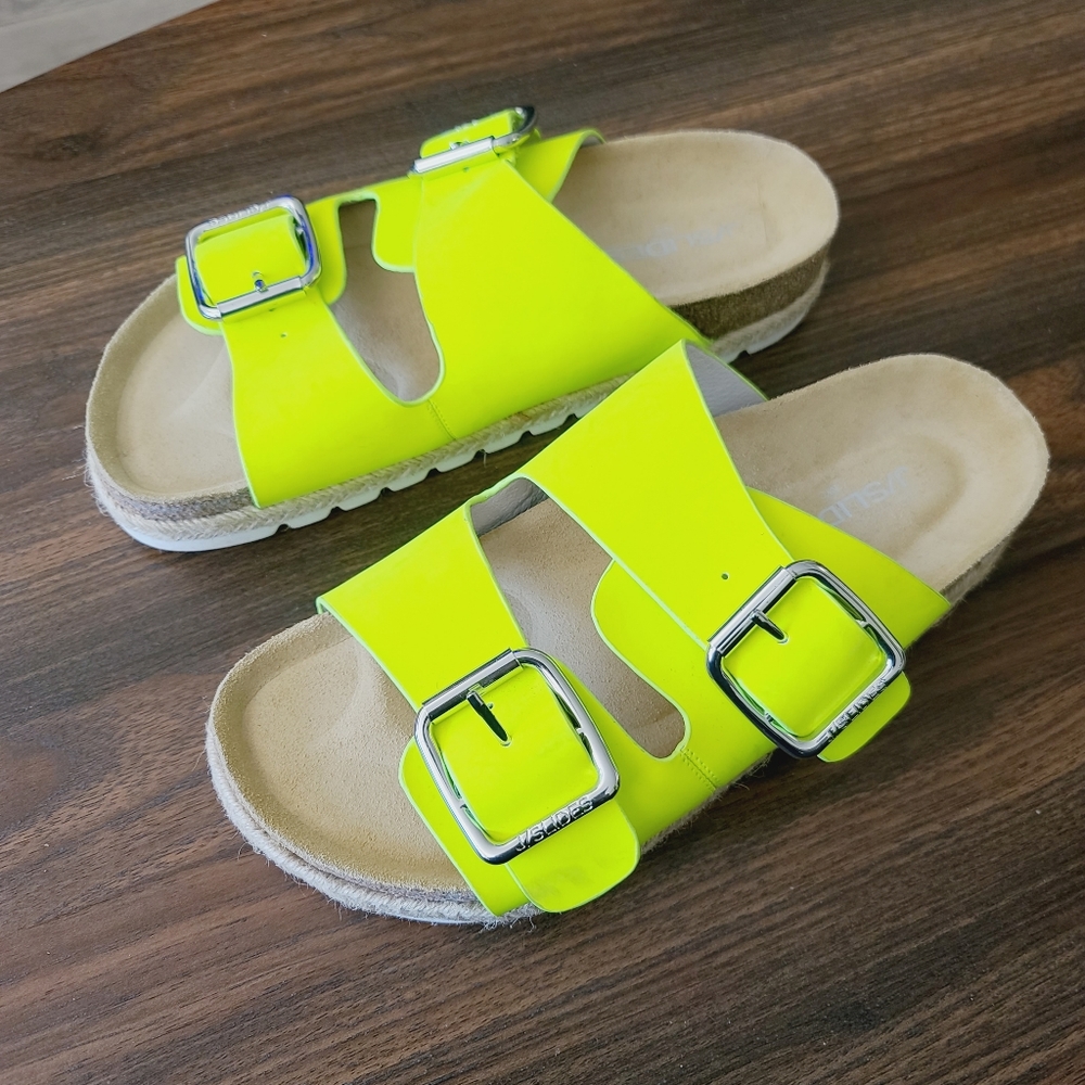J Slides Nyc Leather Platform Sandals Neon Gree Siz… Gem